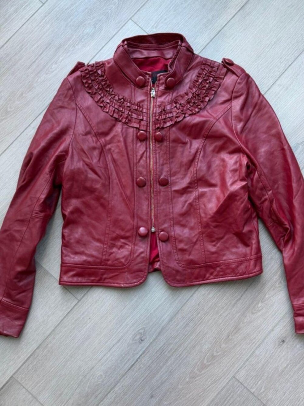 Burgundy Leather Jacket with Ruffle Detail